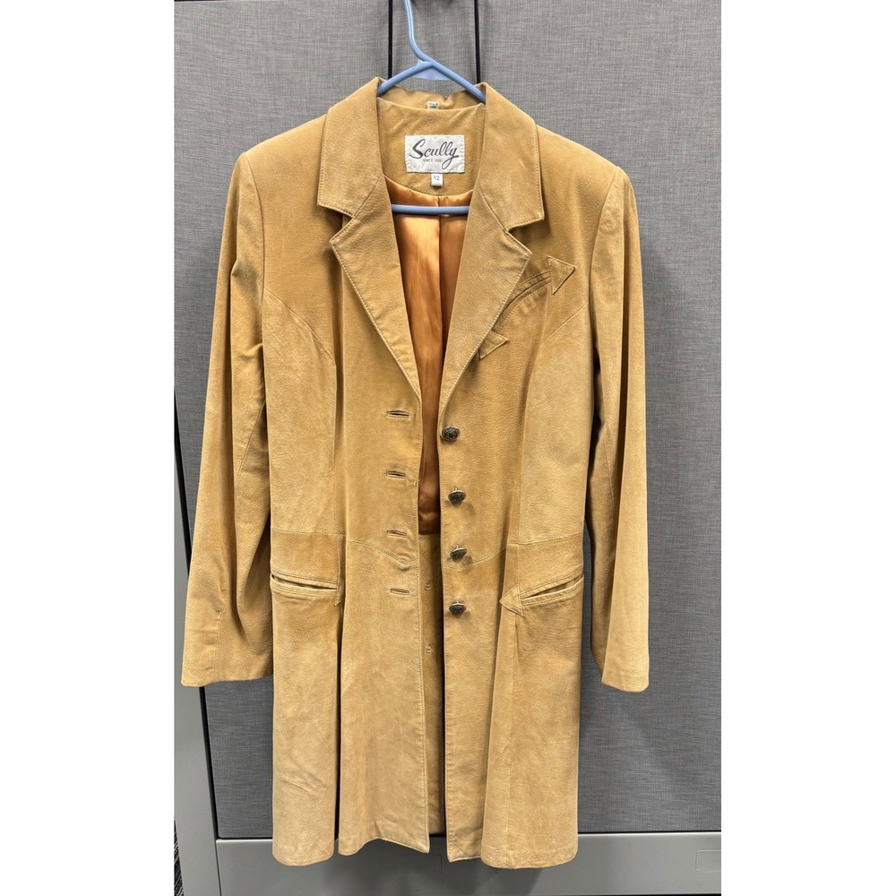 Scully Womens Tan Suede Leather Western Coat Arrow Applique Crest Button Size 12